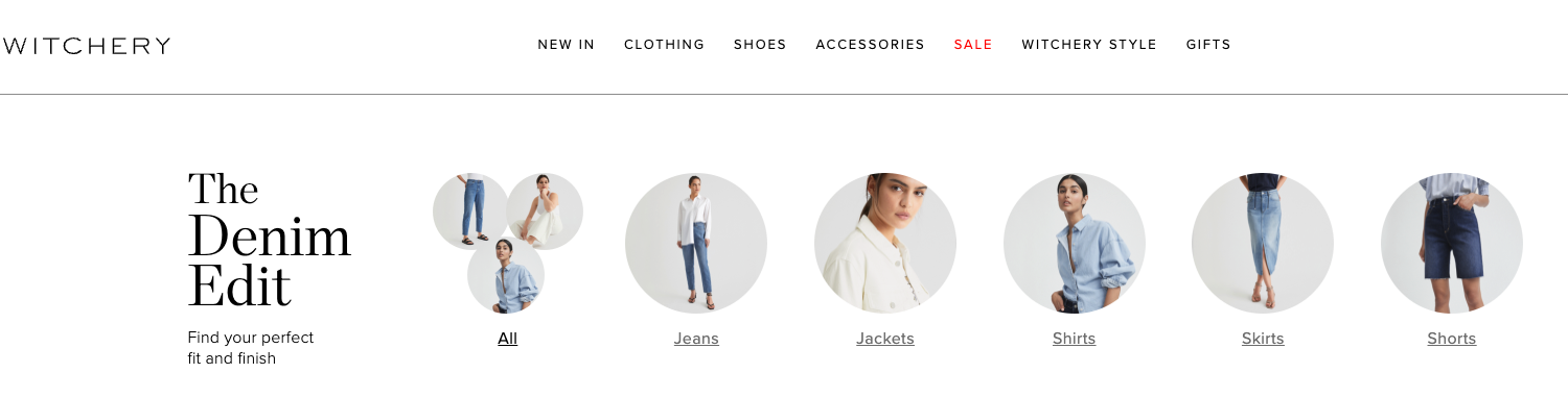 Denim hub with individual sections on the Witchery website